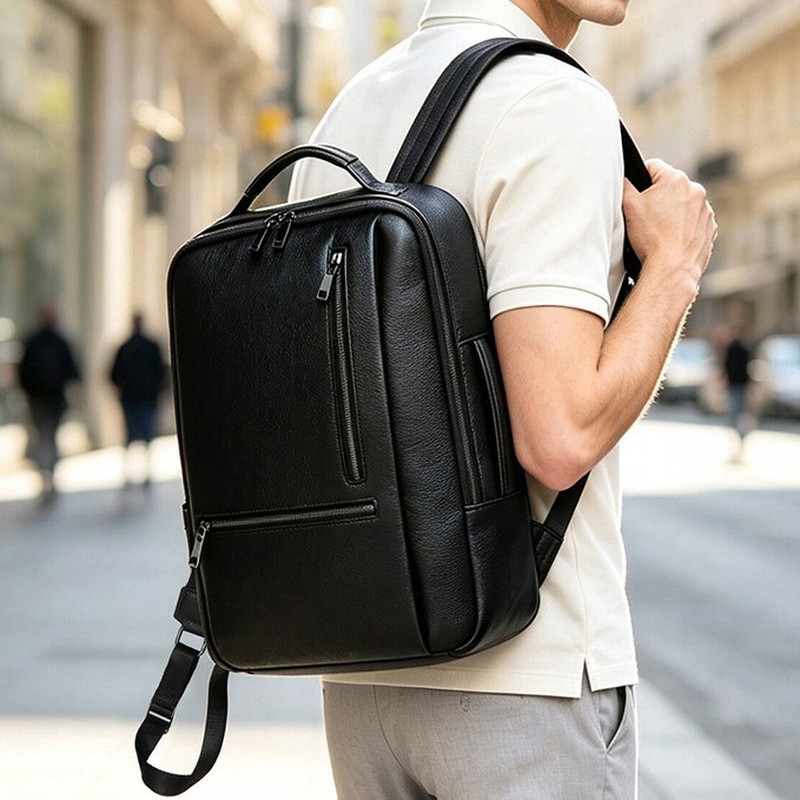 Black Genuine Leather Laptop B - Leather Work Rucksack Mens recension och pris